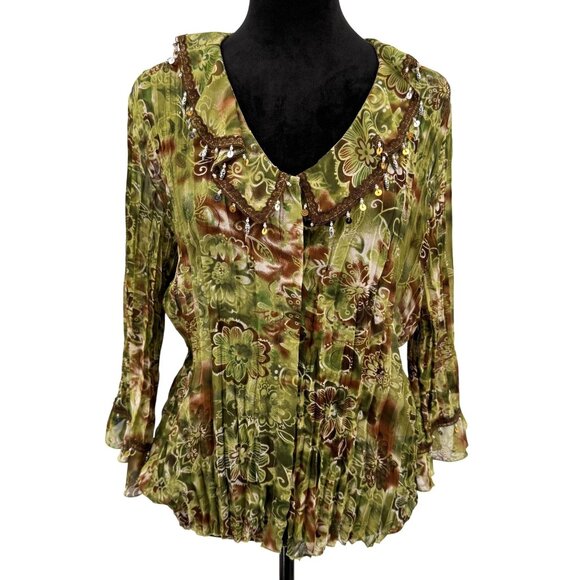 Vtg Bay Studio‎ Green Floral Blouse L Sequins Lace Fairy Goblin Core Peter Pan - Picture 1 of 8